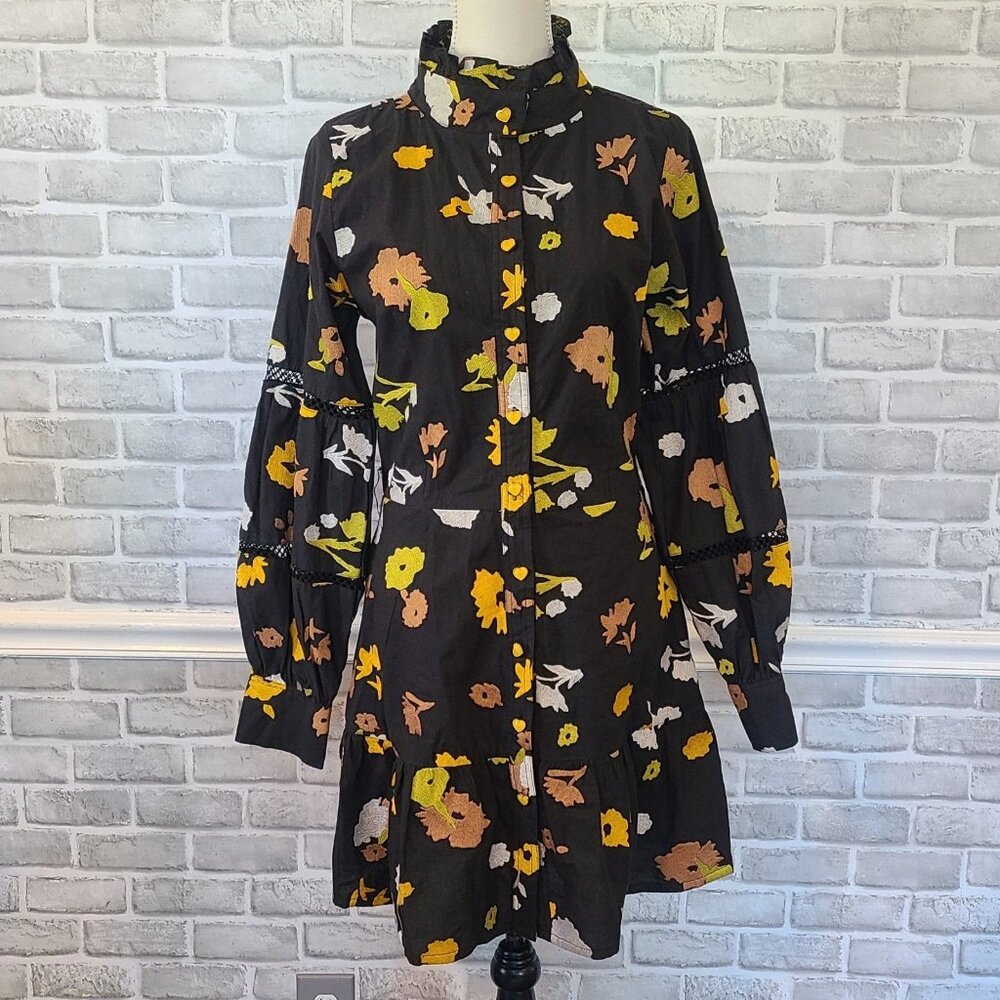 Vero Alfie Embroidered Cotton Button Up Shirt Dress Ruffle Lace Inset Sleeve 3